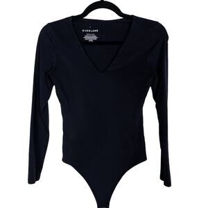 Everlane Womens Small Black The Long Sleeve V Neck Bodysuit Top Thong Bottom